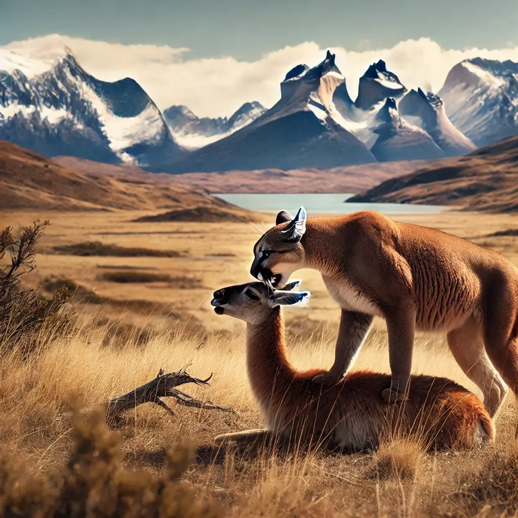 Puma cazando guanaco